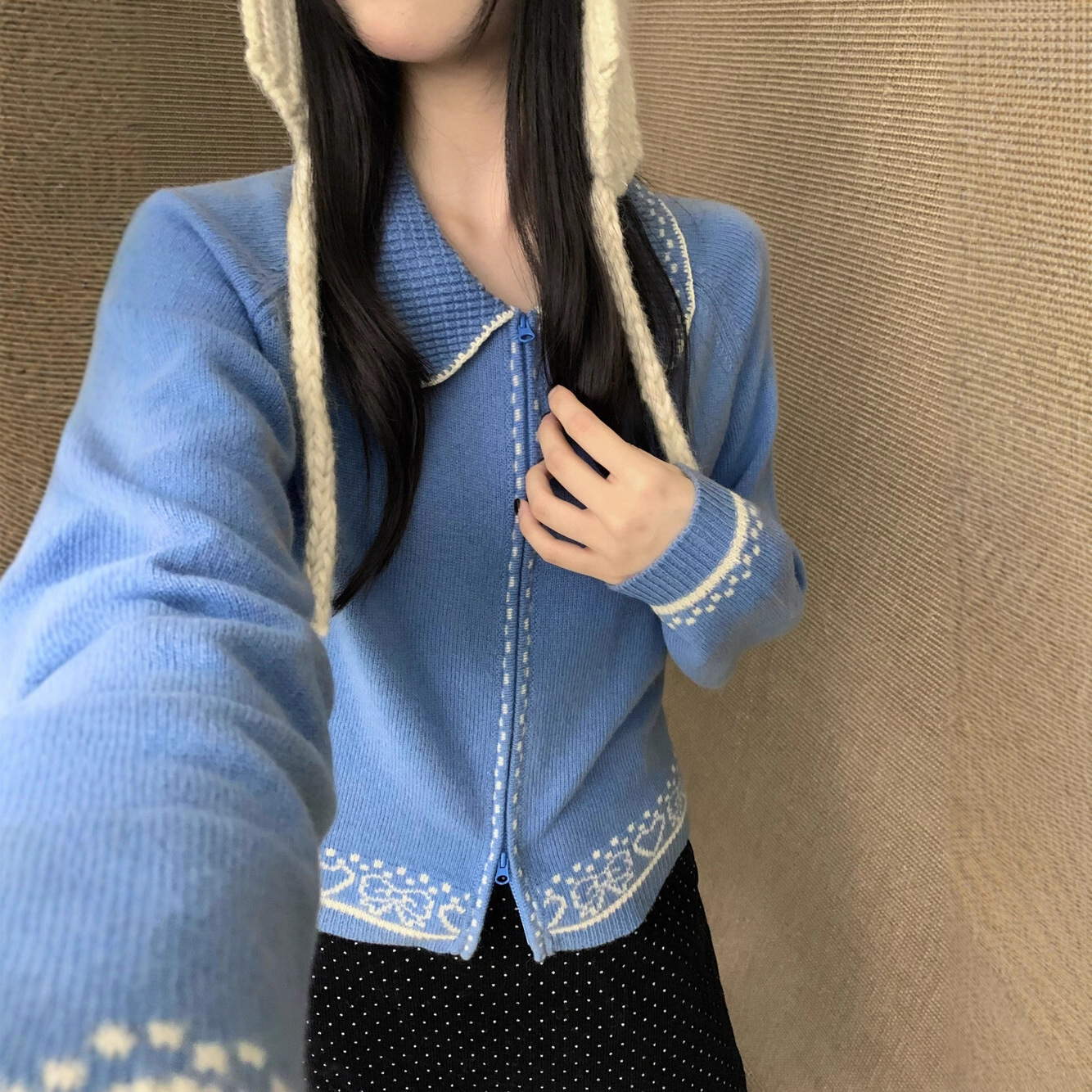 秋季新款！韩系高品质全羊毛翻领钩边提花拉链百搭休闲针织衫开衫