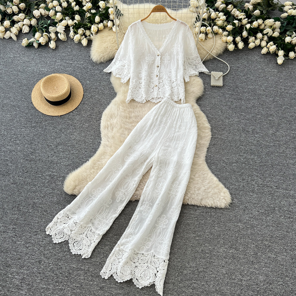 Ensemble chemisier et short à bordure en dentelle d'inspiration française – Tenue d'été respirante (2 couleurs, taille unique)_voghion.com