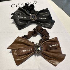 純色復古皮質褶皺蝴蝶結髮繩氣質簡約巴洛克水鑽高馬尾頭繩女批發