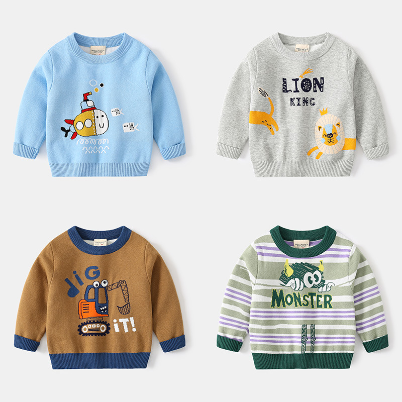 Cartoon autumn sweater with a round collar for boys