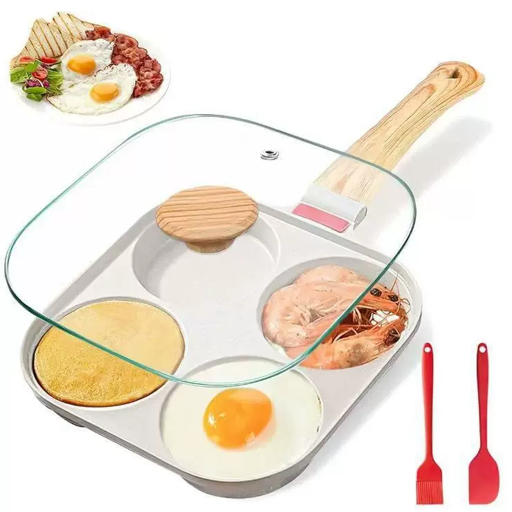 【源头工厂】外贸热销麦饭石四孔煎蛋跨境带盖平底锅不粘锅早餐锅