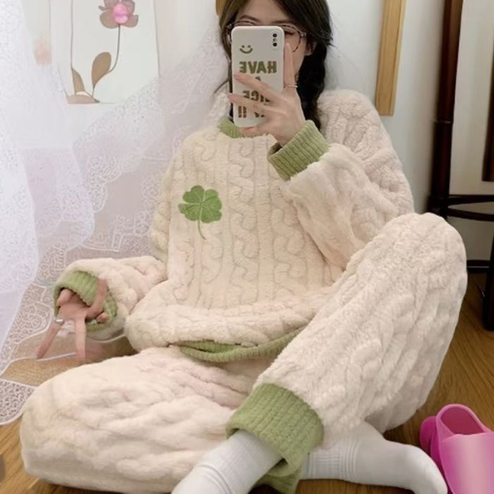 Invierno mayorista transfronterizo cuello redondo casual versión simple y suelta pijamas de dibujos animados de mujeres bordado creativo de flores de cortinas de terciopelo ropa para el hogar