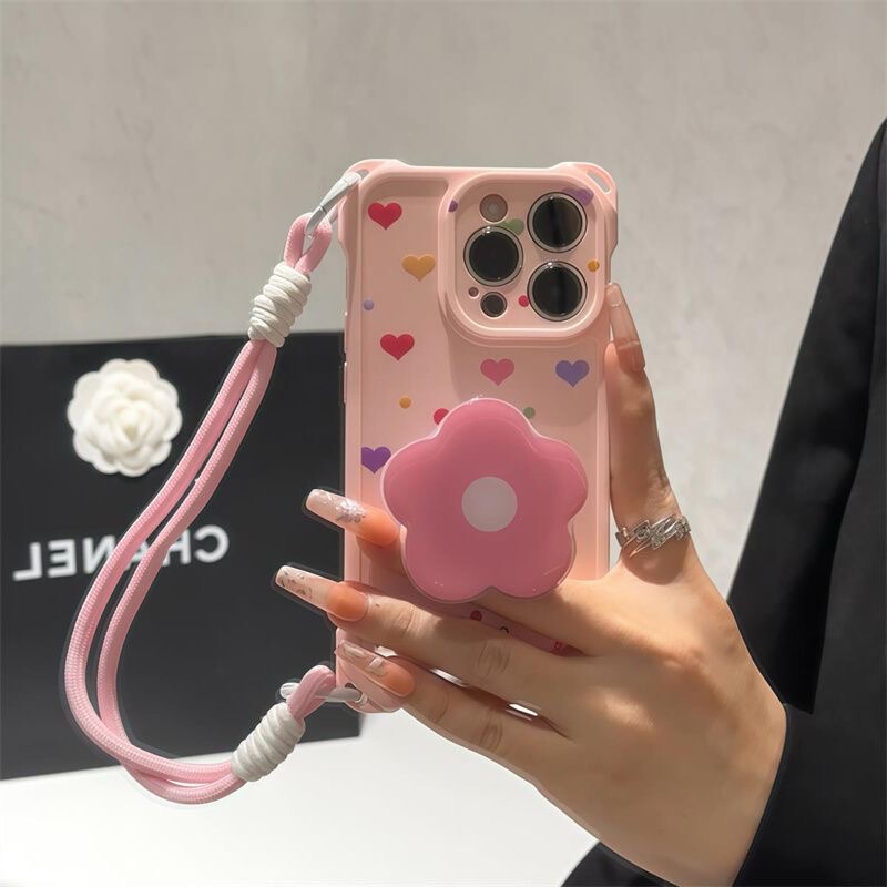 ins粉爱心花朵支架挂绳适用iPhone苹果16手机壳华为vivoppo小米15|undefined