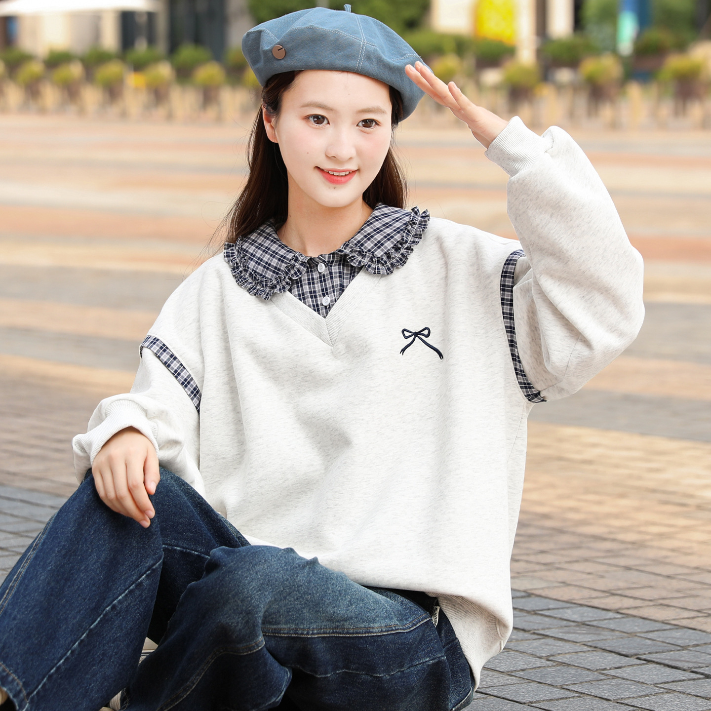25337 Junior High School Student Sweatshirt Female Cute and Sweet Plaid Doll Collar Spring and Autum High School Student Older Children 12-18 Years Old