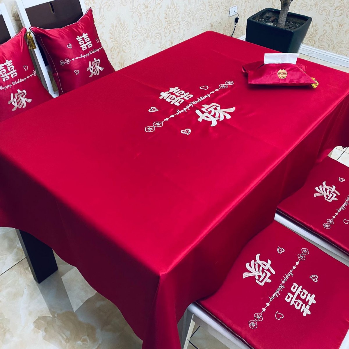 Tela de mesa de bodas, bandera de boda, mesa de té, tela roja china, ropa de mesa bordada, artículos de boda