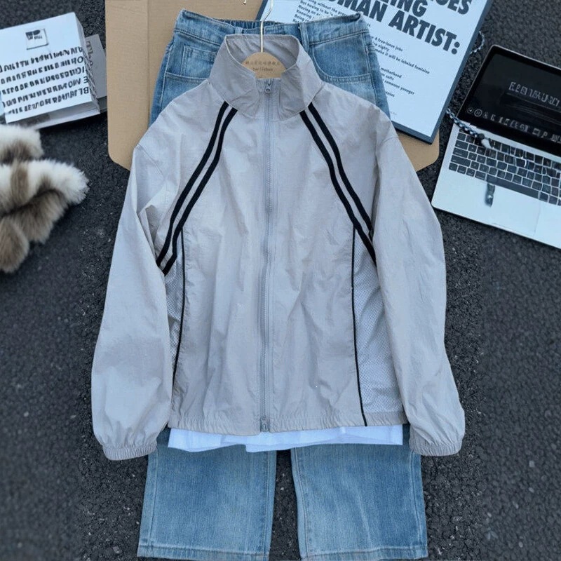American-Style Stand-Up Collar Zipper Jacket for Men, Gray Lightweight Sun-Protective Sports Coat, Versatile Cycling Top, Trendy Summer Wear American-Style Stand-Up Collar Zipper Jacket for Men, Gray Lightweight Sun-Protective Sports Coat, Versatile Cycling Top, Trendy Summer Wear
