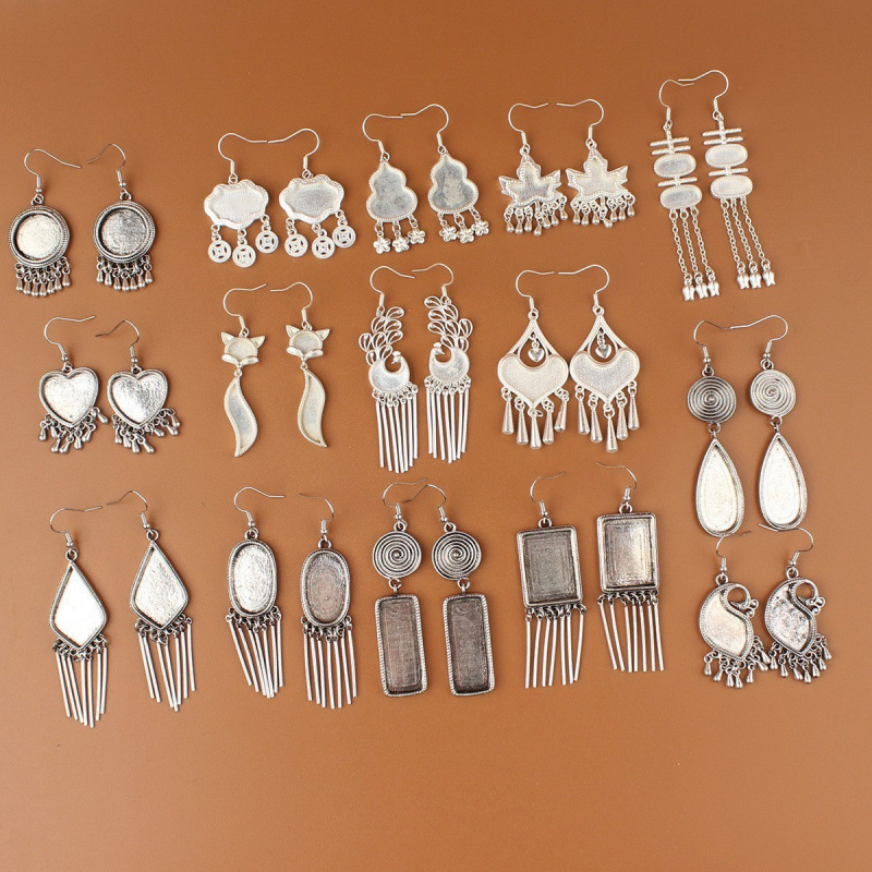 民族风仿苗银手工diy耳环配件底托空托镶嵌修片长款流苏耳饰批发
