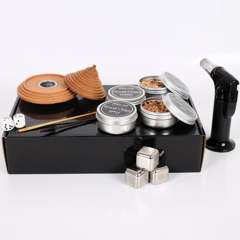 Cóctel de madera de comercio exterior transfronterizo tapa de ahumador mezclador de whisky personalizado juego completo de ahumado de madera