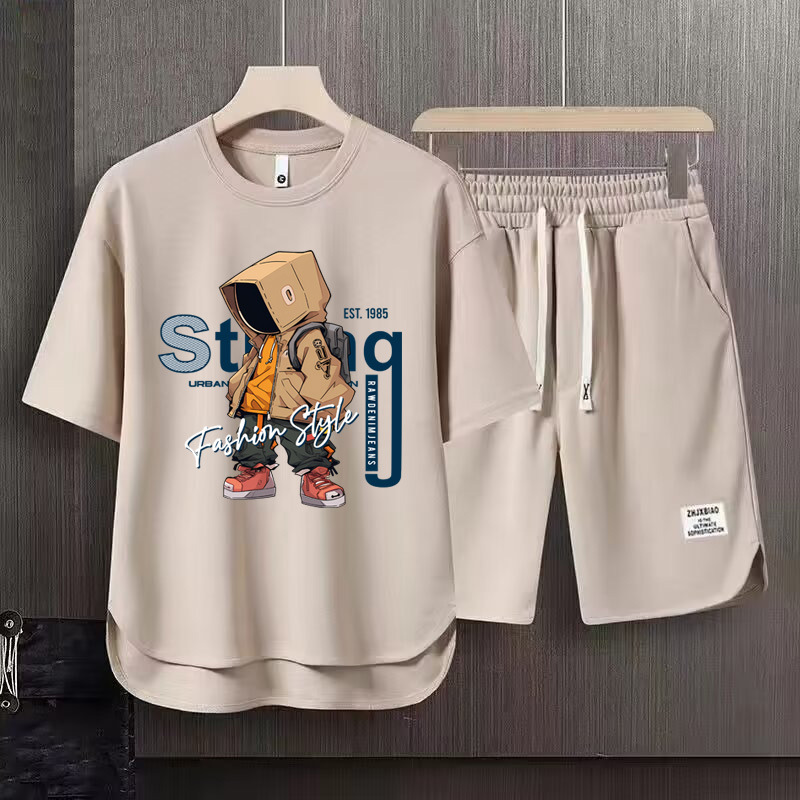 Men's Clothing 2024 Waffle Casual Summer Suit Men's Loose Teen Short sleeved T shirt Shorts Handsome Two piece Suit_mkmklike.com