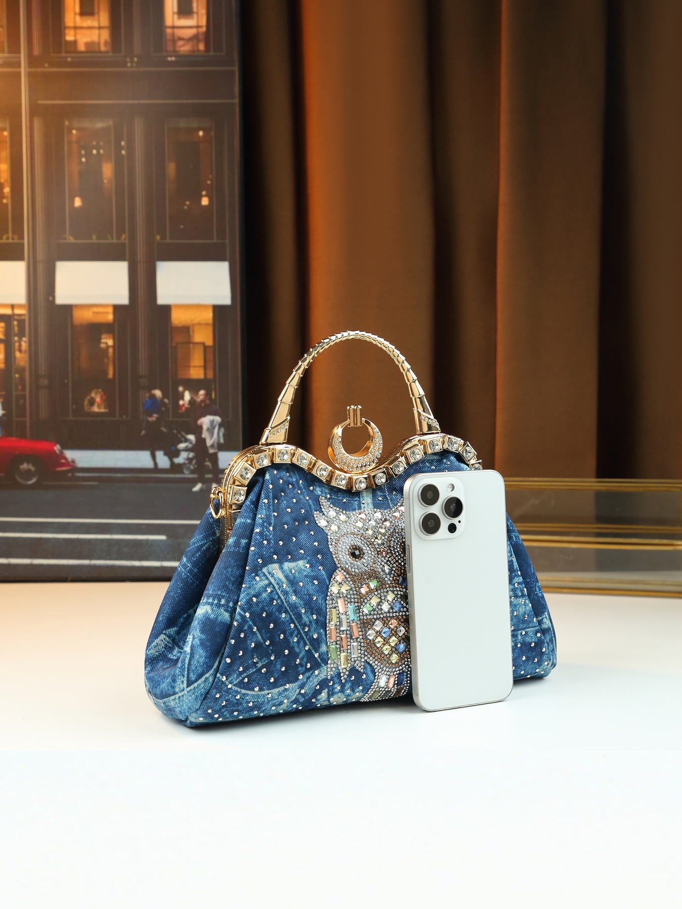 Borsa a tracolla elegante da donna in jeans con strass gufo_voghion.com
