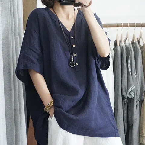 Cotton and Linen Solid Color T-shirt Summer Thin Large Size Women's T-shirt Fashionable All-match V-neck Casual Top for Women