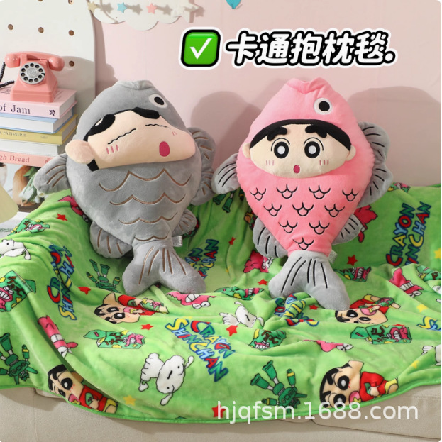 만화 귀여운 새 소금에 절인 생선 베개 쿠션 에어컨 담요 이불 이중 사용 자동차 사무실 낮잠 커버 담요 담요
