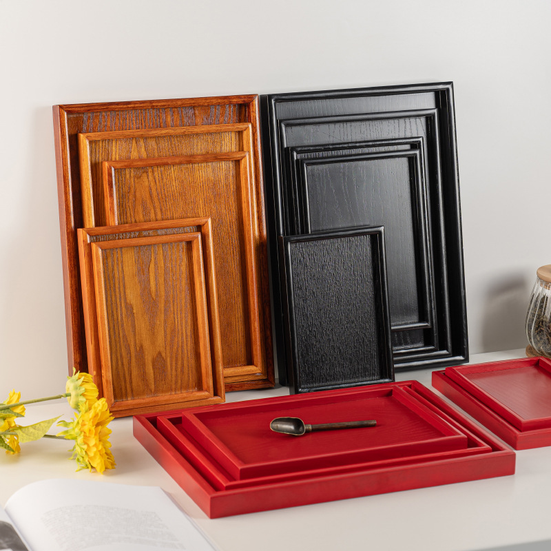 도매 빨간색 중국 스타일 나무 트레이 직사각형 라운드 차 트레이 식기 빨간색 접시 호텔 웨딩 웨딩 차 트레이