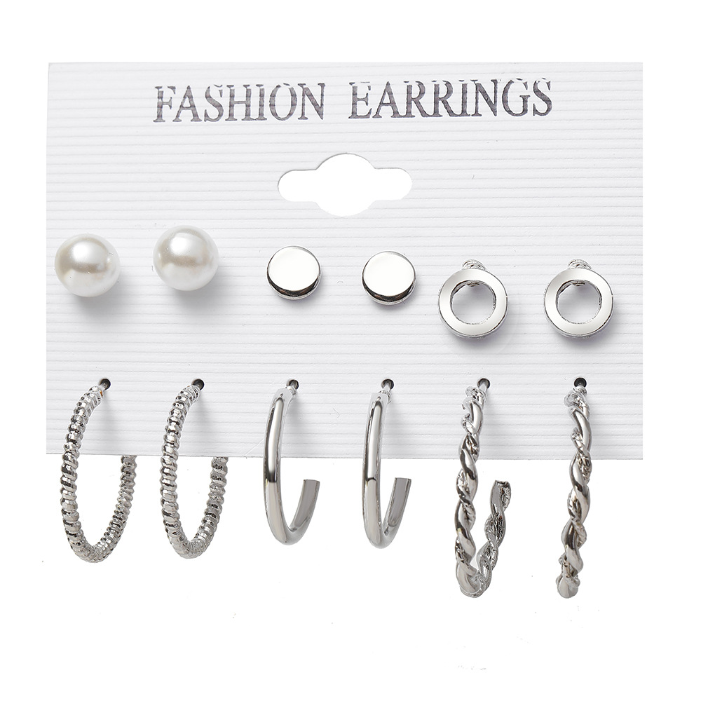 New Retro Simple Temperament Jewelry Plain Circle Silver Simple Earring Set 6-piece Set display picture 1