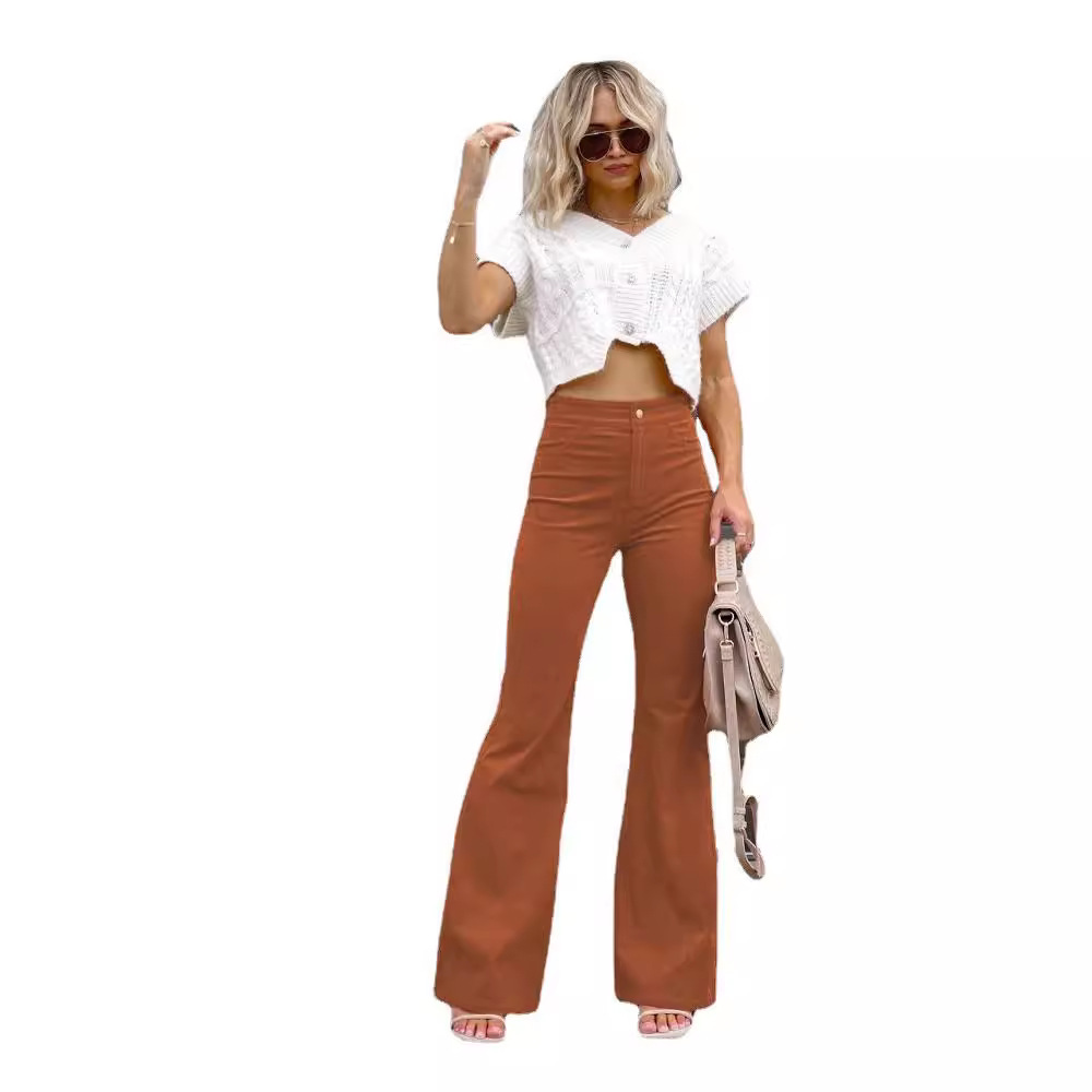 2024 Spring New Solid Color Corduroy Style Women's Micro Pull High Waist Casual Pants_voghion.com
