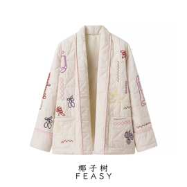 亚马逊跨境外贸欧美女装2024秋冬新款街头时尚刺绣和服棉衣外套