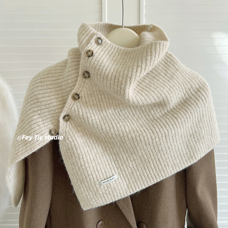 With Wool Fashionable Lazy Style Cape Poncho Winter High Neck Warm South Korea Ins Button Wool Knitted Outer With Wool Fashionable Lazy Style Cape Poncho Winter High Neck Warm South Korea Ins Button Wool Knitted Outer