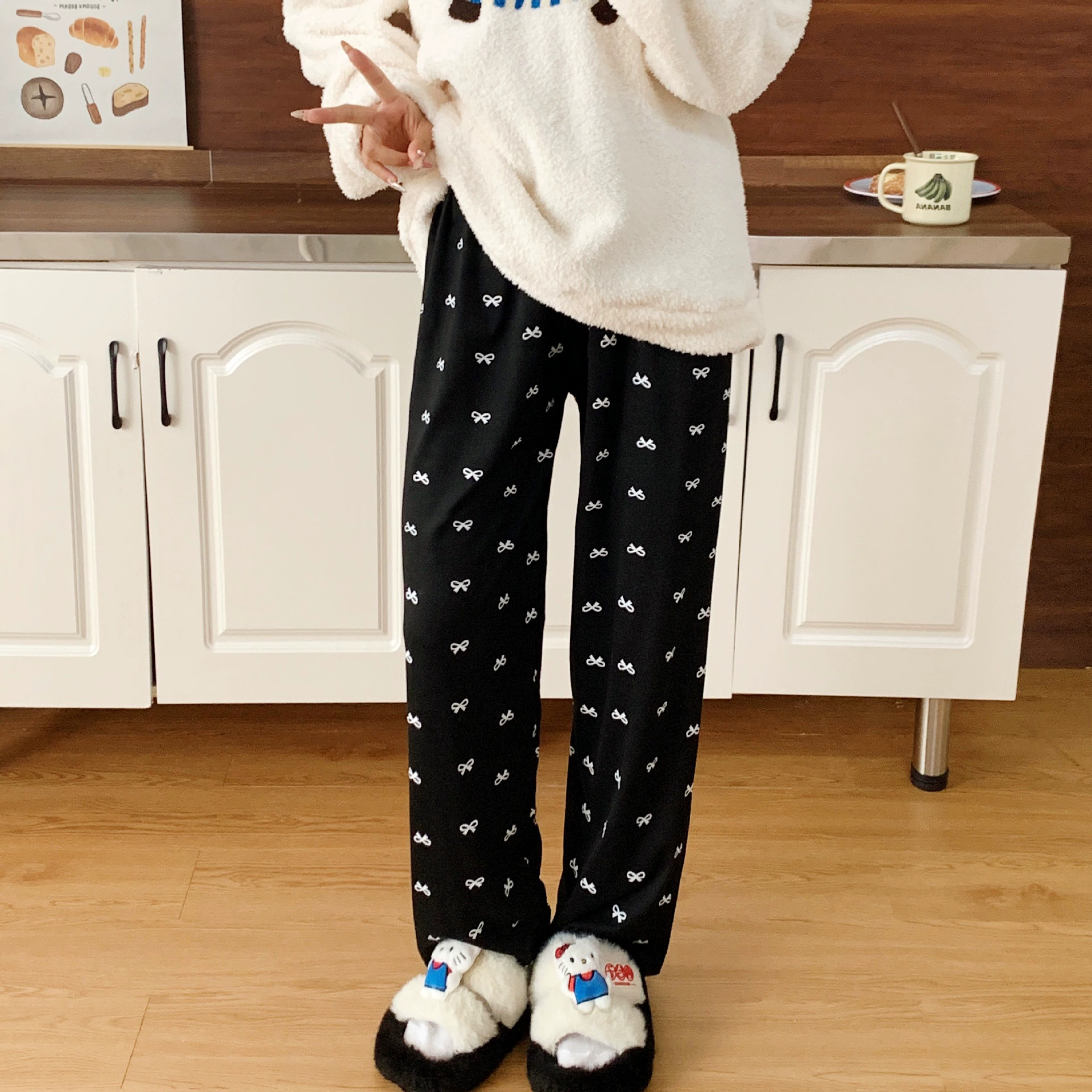 Изогнутые брюки, банты, пижамы, женский плюс толстый, большой размер, свободная весна, осень и зима дома можно носить повседневные брюки