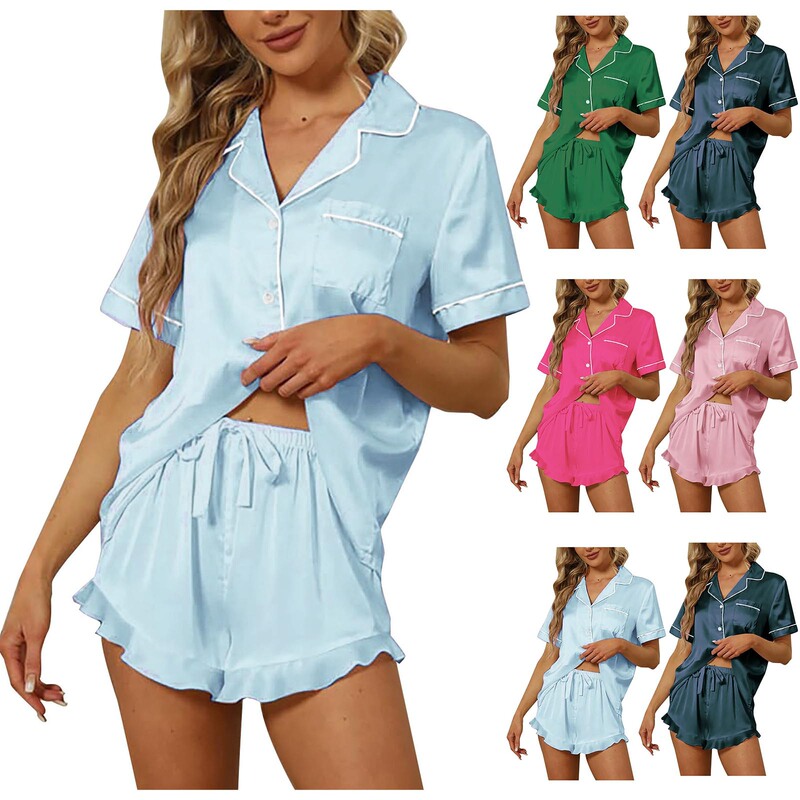 2024 Cross-Border Women's Short Sleeve V Neck Solid Color Shirt Pajamas Set Solid Color Lapel Loose Home Clothes Set