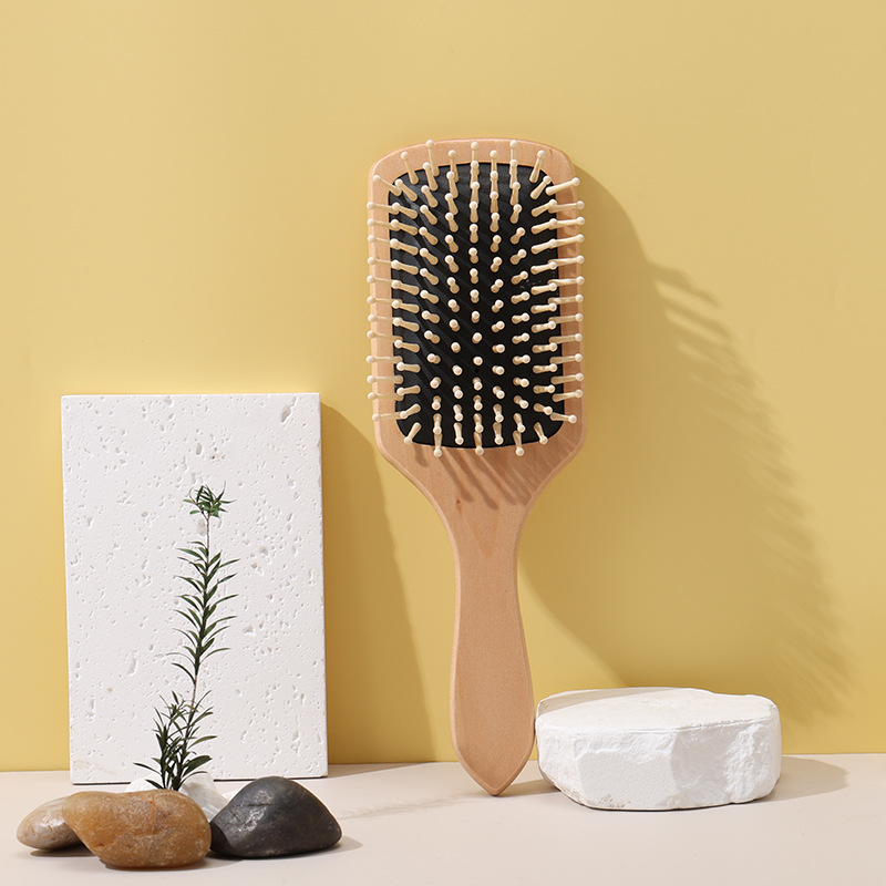 Peine de Madera con Cojín de Aire Cuadrado de Madera de Loto, Masajeador para Cabello