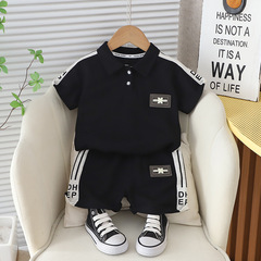 新款夏季男童翻領袖子拉條印花短袖休閒棉質五分褲兩件套廠家批發