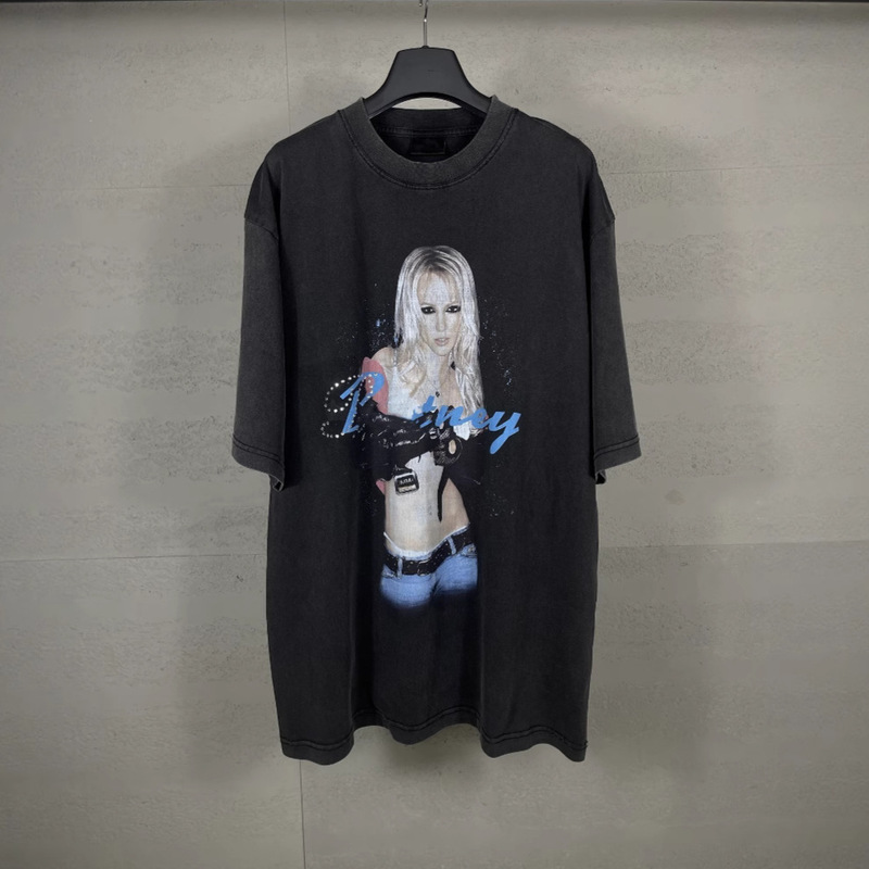 High Version 2025 New B Family Limited Edition Music Series Front and Rear Printed Hot Diamond Washed Distressed Short-Sleeved T-Shirt Summer