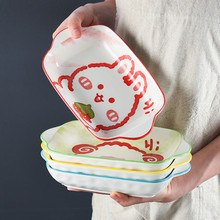 陶瓷双耳长方烤盘卡通烘培芝士焗饭盘釉下彩烤箱专用餐具家用深盘