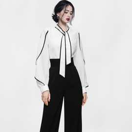 秋款时髦套装女2021新品撞色飘带衬衫+黑色高腰显瘦阔腿垂感长裤