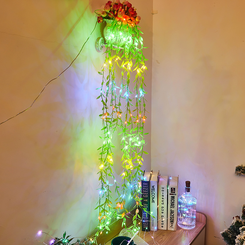 Customized Hanging Basket Rattan Willow Leaf Led Copper Wire Lights Hanging Ivy Willow Lights Led Decorative Lights Garden Lighting