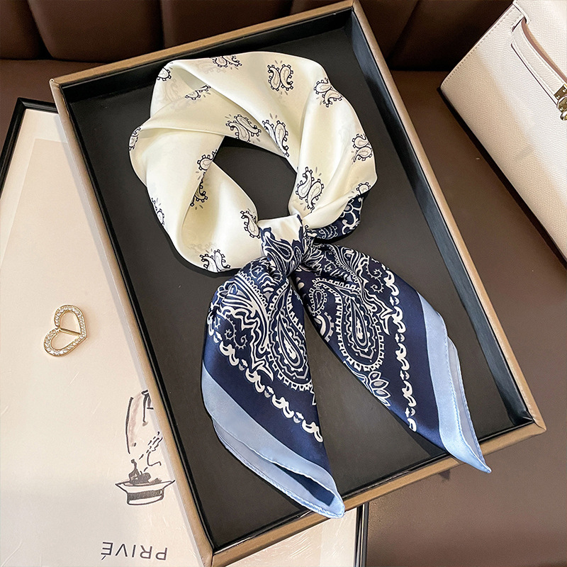 70% seda de imitación, camisa a juego para primavera y verano, pañuelo cuadrado pequeño en blanco y negro, pañuelo para el cuello para mujer, pañuelo fino, lujo accesible