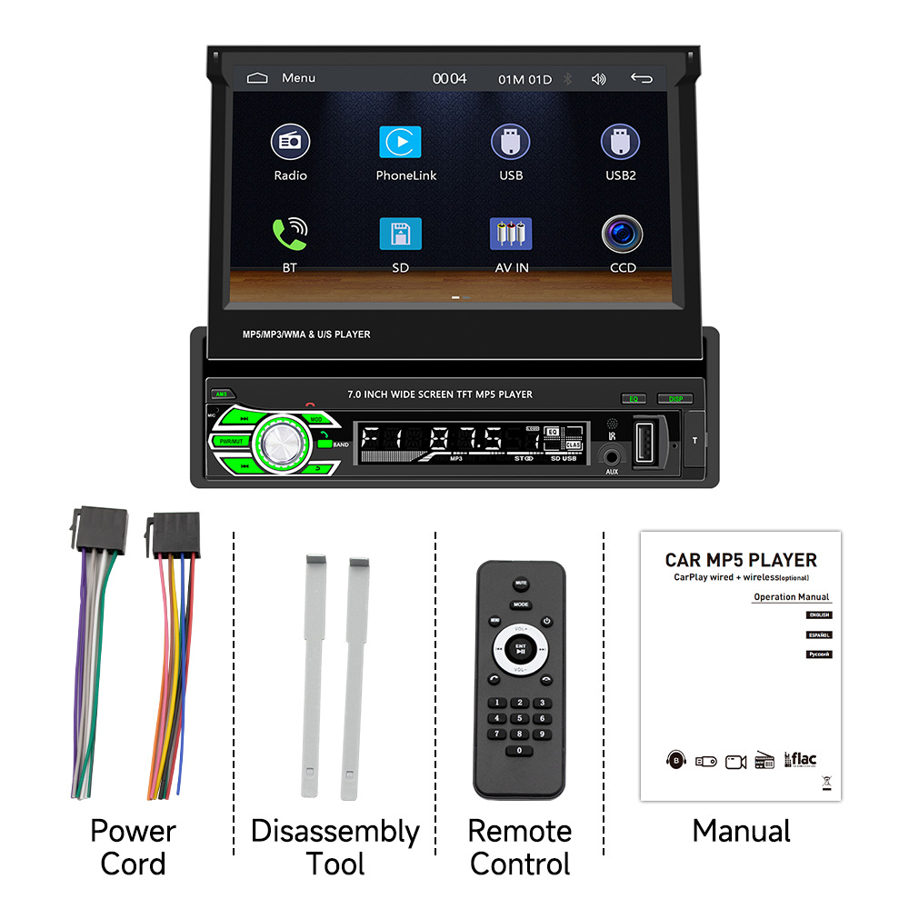 Reproductor MP5 para coche 9601C con pantalla retráctil de 7 pulgadas, Bluetooth, ranura para tarjetas, radio para coche, Carplay, retráctil eléctrico. image 8
