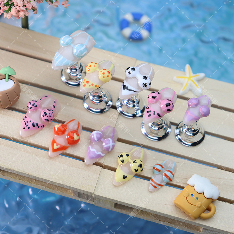 Popular Wearable Nails, Handmade in Europe and America, Hot Girl Summer Beach Bikini Fake Nails, Nail Art Patches, Blue Seaside