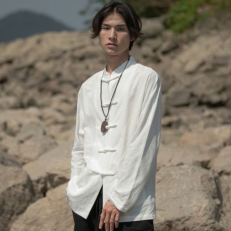 Chinese Style Tang Suit Men's Middle-aged and Elderly Cotton and Linen Buckle Long Sleeve Summer Base Shirt Zen Clothing Chinese Style Retro Linen Hanfu