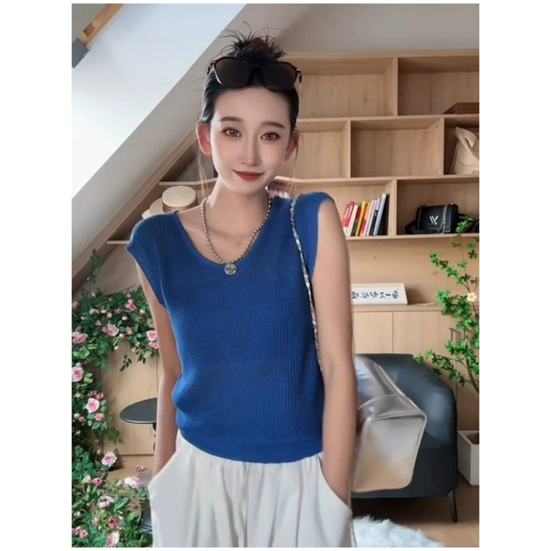 Женская синяя футболка без рукавов French Klein с V-образным вырезом и развевающимися рукавами, летний вязаный короткий жилет из ледяного шелка, тонкий.