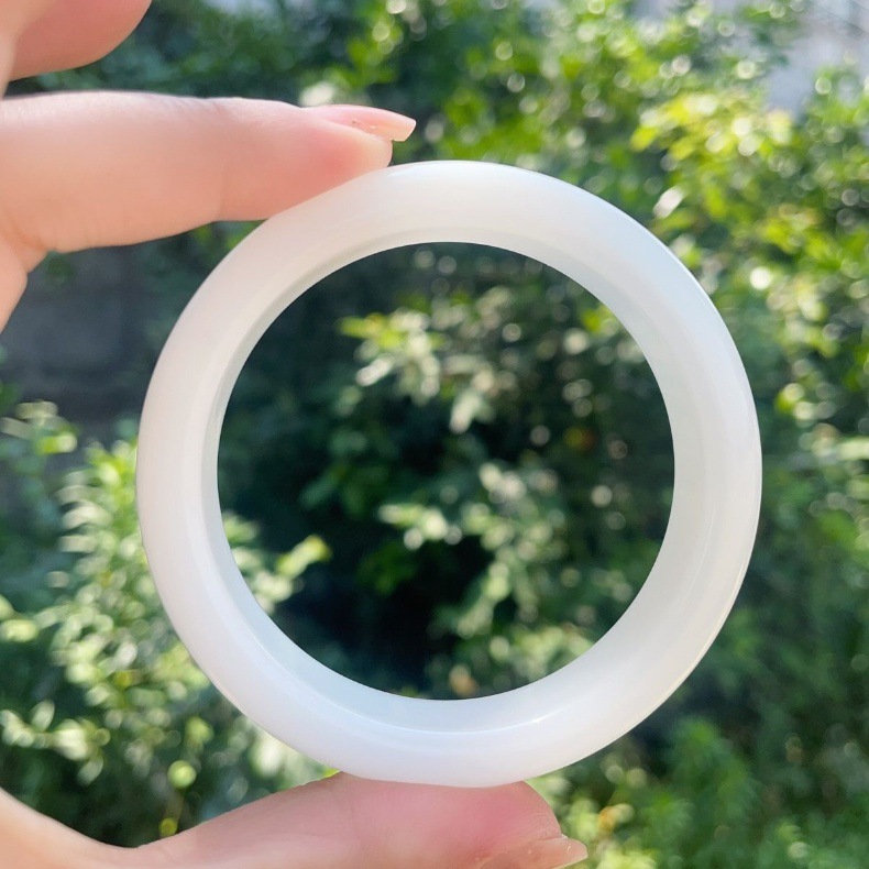 Vòng tay ngọc bích trắng da cừu tự nhiên Tân Cương chính hãng dáng tròn tiêu chuẩn — Bạch ngọc bình thường chi tiết 9