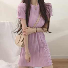 夏季韩系chic温柔气质圆领坑条显瘦冰丝薄款短袖休闲针织连衣裙
