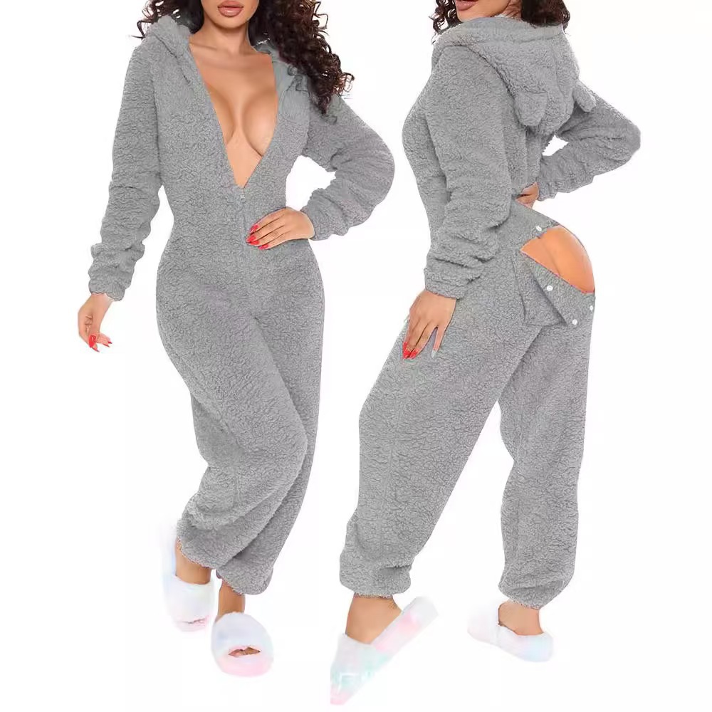 Kuscheliger Fleece Jumpsuit Für Damen Langarm Einteiler Romper_voghion.com