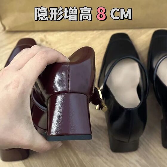 Inside Height Increase 8cm French Temperament Square Toe Shallow Mouth Single Shoes Women's 2025 Spring New Commuter Chunky Heel Mary Jane Shoes