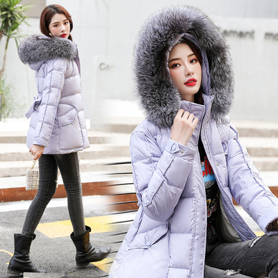 羽绒服女装冬季新款亮面宽松收腰系带连帽大毛领加厚保暖显瘦外套