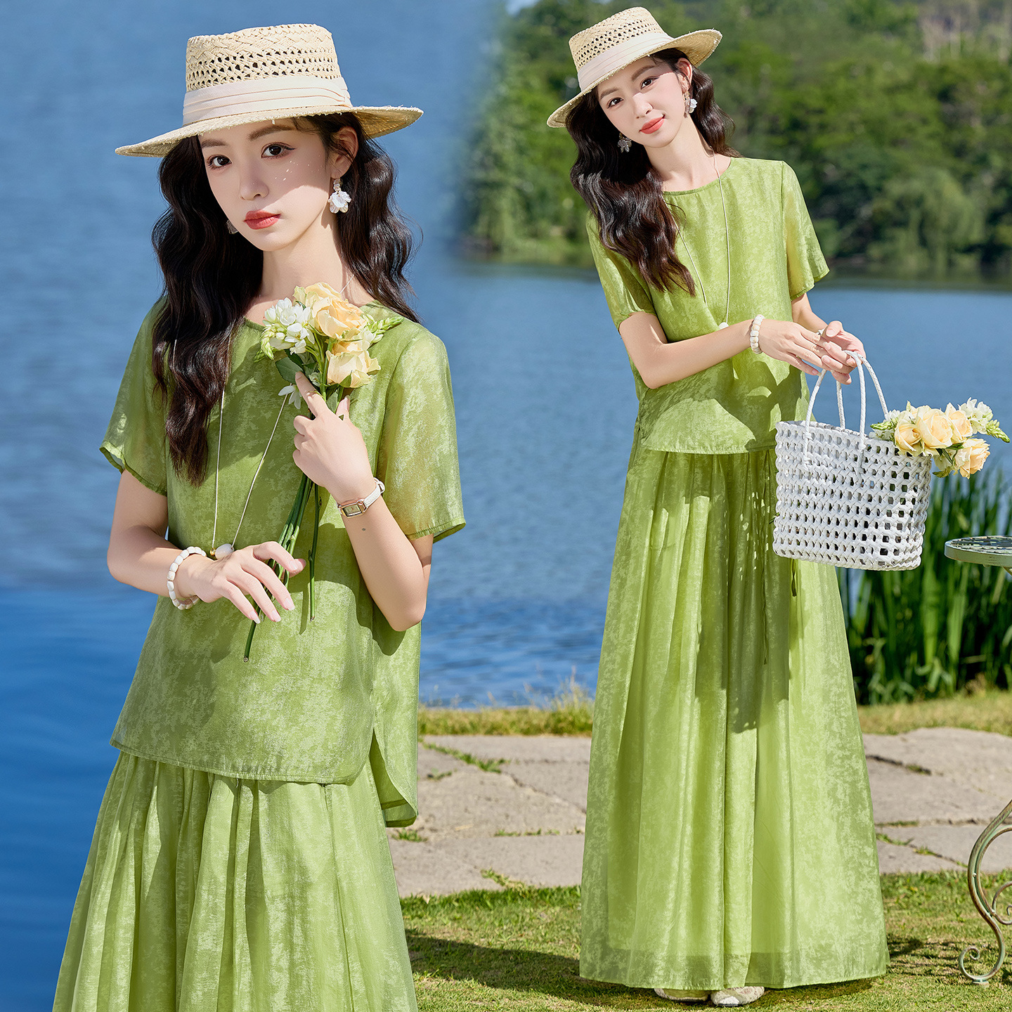 Bộ quần áo hai mảnh sơ mi hoa văn nổi quần ống rộng phong cách Trung Quốc mới — Xanh lá cây nhạtcolor, màu trắng