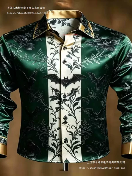 Men's Glossy Satin Gothic Style Long-Sleeved Shirt with 3D Skull Print and Batwing Sleeves Loose Top