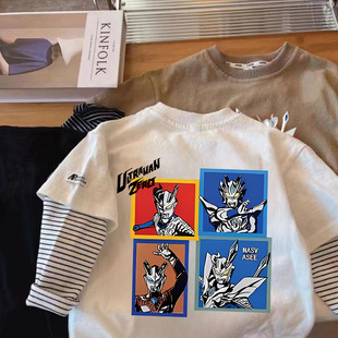 Spring and Autumn New 2024 Boys T-shirt Cotton Long Sleeve Fake Two-piece Children's Cartoon Animation Base Shirt Generation