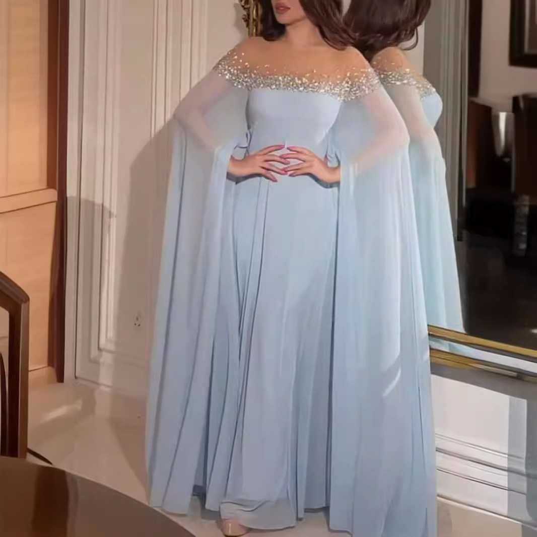 Women's Clothing Temperament Sexy High Waist Hot Diamond Pearl Chiffon Banquet Evening Dress_voghion.com