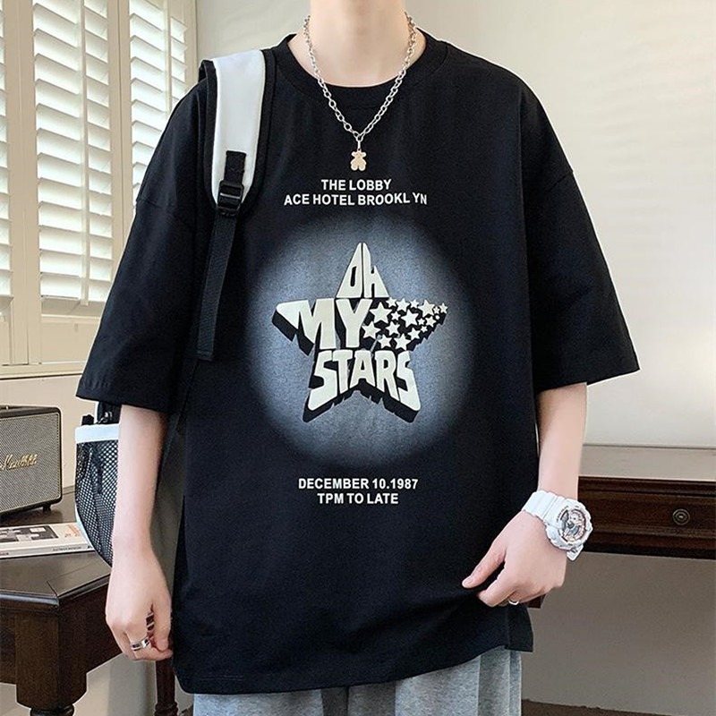 夏季新款男孩休闲短袖T恤潮牌青少年印花上衣大童透气圆领体恤衫