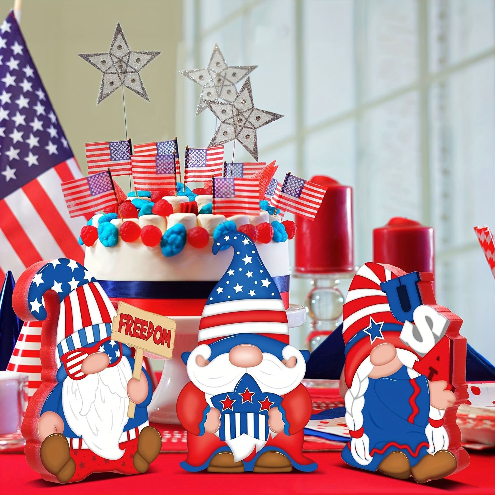 Día de la Independencia de los Estados Unidos transfronterizo enano sin cara solo escritorio decoración de bandeja de madera