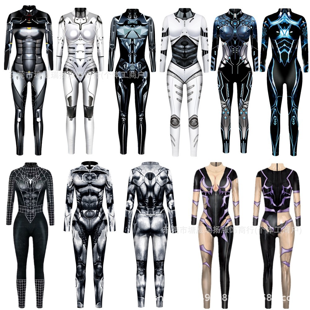 Foreign trade factory 2026 Halloween new armor machine print slim-fit long-sleeve cosplay jumpsuit bodysuit