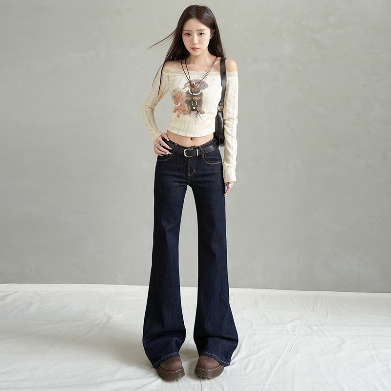深蓝微喇牛仔裤女2025年秋季新款辣妹低腰修身弹力显瘦马蹄喇叭裤|undefined