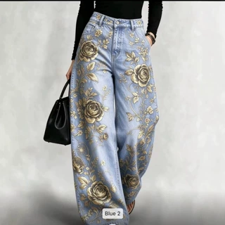 美式复古金色玫瑰印花阔腿牛仔裤女 高腰宽松垂感大花拖地牛仔长