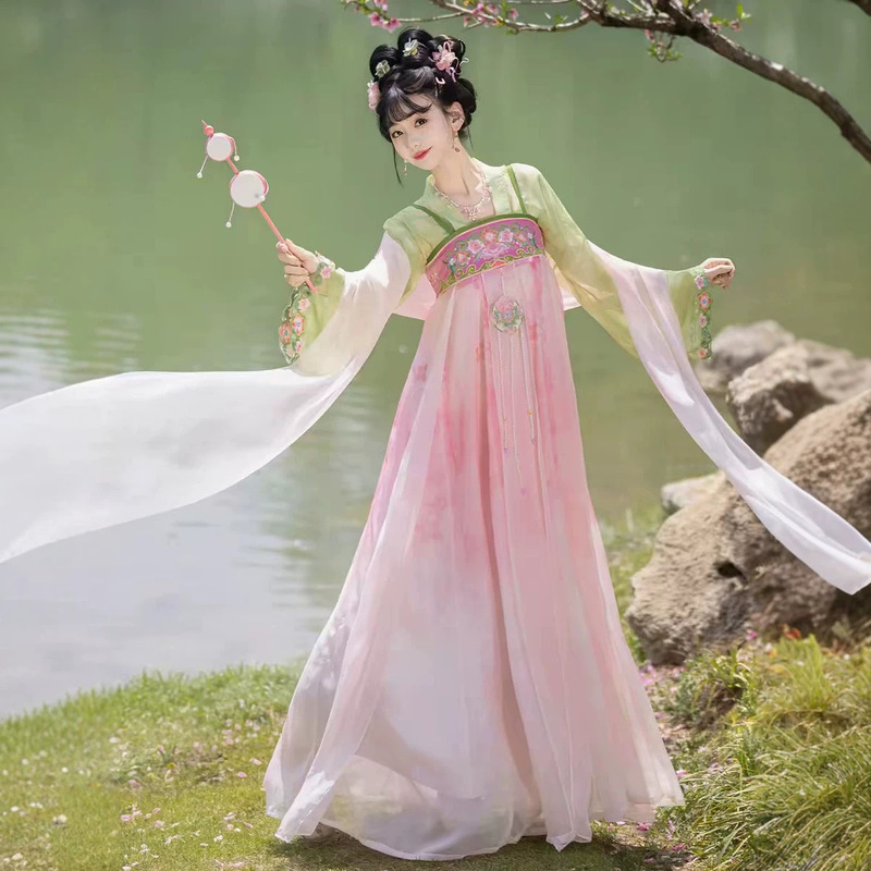 New Style Peach and Plum Blossom Tang-Style Hanfu with Chest Embroidery, Pink Halter Dress, Ancient Costume from Famen Temple, Suitable for Daily Wear