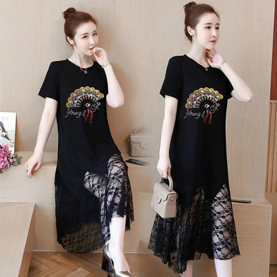 Rhinestone Dress 2021 new pattern Large Women's wear Korean Edition Easy Show thin Mid length version leisure time Short sleeved skirt